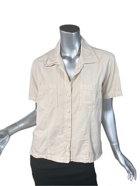 Erika Women’s Small Beige 100% Cotton Button Front Top Short Sleeve Shirt